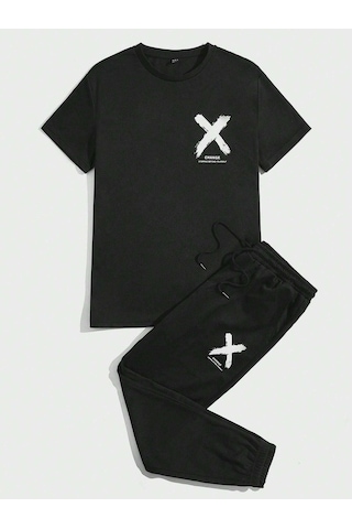 X Change T-shirt Eşofman Altı Jogger - Siyah Baskılı Alt Üst Eşofman Takım Oversize Bisiklet Yaka Siyah