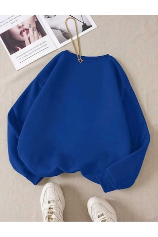 Baskısız Düz Sweatshirt - Sax Mavi Kalın Kışlık Şardonlu Uzun Kol Oversize Bisiklet Yaka Saks Mavi