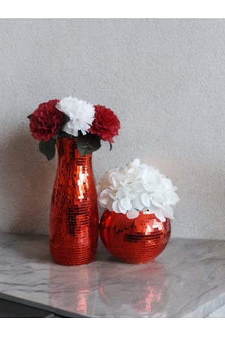 Işıltı Home Desing Aynalı Cam Vazo 2 Li Set Kırmızı Kırmızı