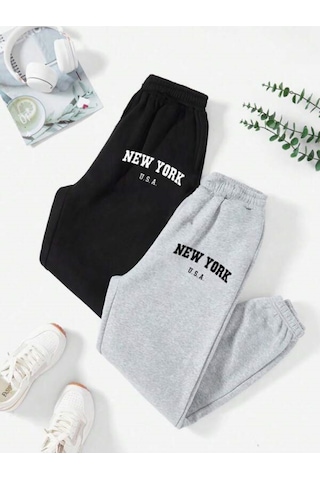 Unisex Rahat Kalıp Baskılı Paçası Lastikli Eşofman Alt Gri