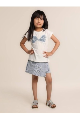 Escabel Kız Çocuk Fiyonklu İşlemeli T-shirt-15638 Beyaz