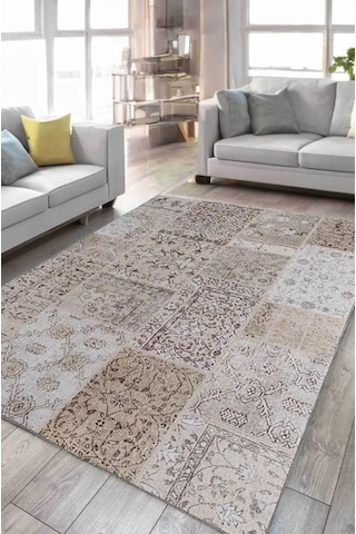 Çam Halı Siesta Patchwork 32-458 Etnik Eskitme Desenli Dokuma Tabanlı Yıkanabilir Şönil Salon Ve Oda Halısı Bej