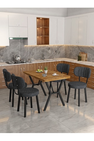 Azra 70x110cm Atlantik Mutfak Masası, Mutfak Masası Takımı, Yemek Masası, 4 Antrasit Sandalye Açık Gri