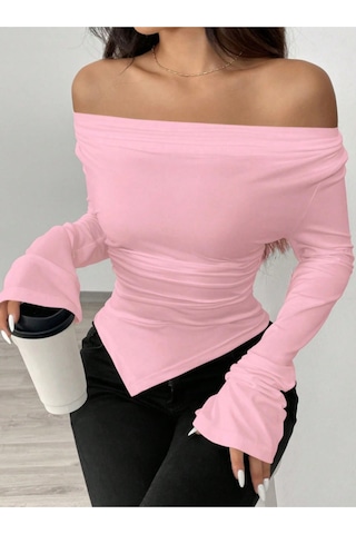 Değiştirilebilir Omuz Detaylı Uzun Kollu Bluz Pembe