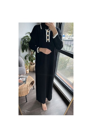 Kurgan Tekstil Oversize Düğmeli V Yaka Fitilli Triko Tesettür Elbise Siyah - 711224635 Siyah