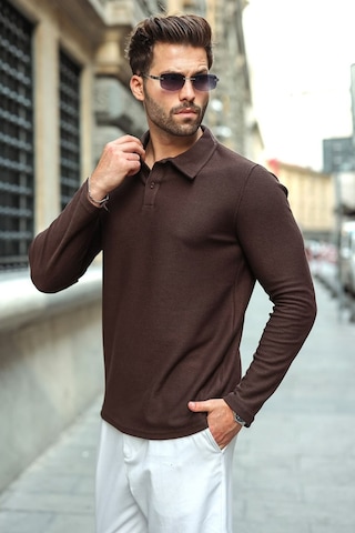 Madmext Acı Kahve Gömlek Yaka Dokulu Regular Fit Erkek Sweatshirt E7203 Acı Kahverengi