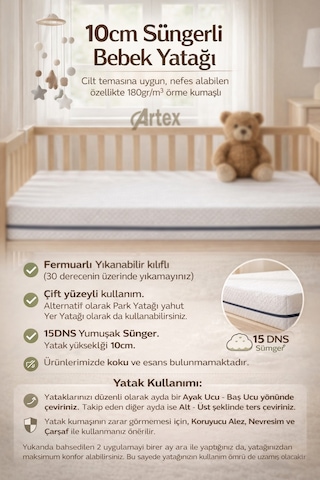 10cm Süngerli Bebek Çocuk Beşik Yatağı Cotton 70x130 Yıkanabilir Kılıflı Park Yatak Oyun Parkı 70 x 120 CM