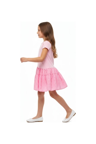 Toontoy Kids Toontoy Kız Çocuk Regular Fit Bisiklet Yaka Fiyonk Detaylı Brode Etekli Kısa Kollu Elbise 25050 Pembe