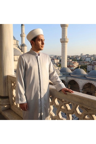 Lüks Tek Bordur Regaib İmam Cübbesi Gri Gümüş Çok Renkli
