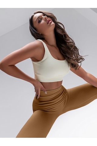 Mistirik Fitilli Tayt Yüksek Bel Örme Kumaş Caramel Renk Karamel