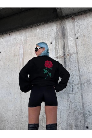 Mbb E-ticaret Kadın Oversize Kapüşonlu Cepli Gül Baskılı 3 İplik Pamuklu Hoodie Sweatshirt - Siyah
