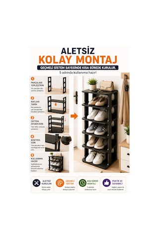 5 Katlı Modüler Ayakkabılık Dar Alan Düzenleyici Plastik Ayakkabı Rafı Kolay Kurulum Siyah Model