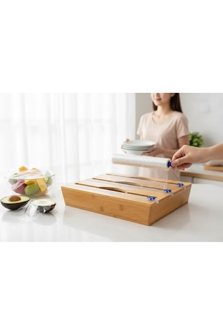 Bambu Ekmeklik Ekmek Dolabı - Streç Flim Folyoluk Tuzluk Karaberlik 4 Lü Set Açık Kahverengi