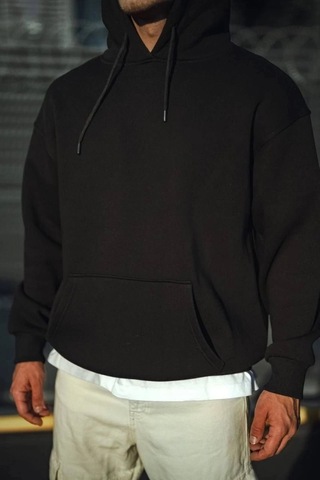 Valensdesign Üç İplik Penye Kapşonlu Basic Sweatshirt - Siyah