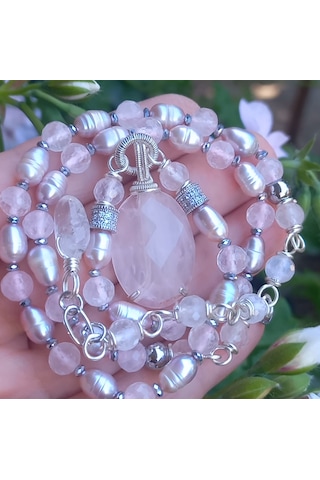 2788 Pembe Kuvars Ve Doğal İnci Zirkon Hematit El Yapımı Kolye 046 - Pembe