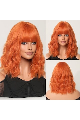 Turuncu Kısa Kıvırcık Kadın Peruk