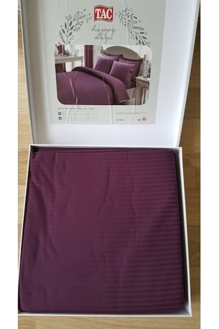 Taç Premium Basic Pamuk Saten Nevresim Takımı Stripe Mürdüm