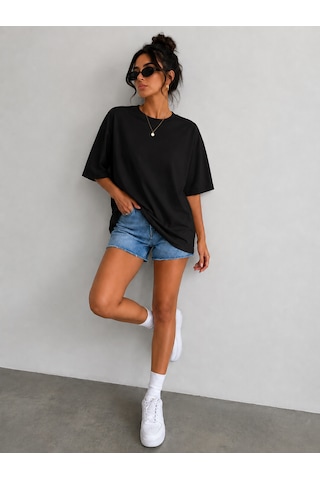 Polymood Kadın 5'li Set Oversize %100 Organik Pamuk Yakası Ribanalı T-shirt Siyah-beyaz-gök Mavisi-pudra-sarı