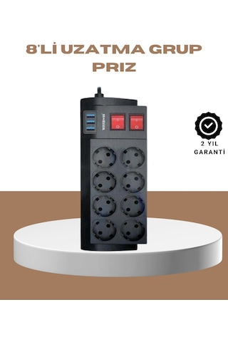 Mey İthalat Güçlü Termal Korumalı 8 Priz + 3 Usb Çoklu Uzatma Kablosu 2m