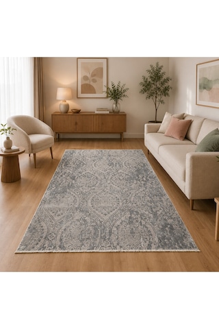 Şemşiye Motifli 160 X 230 Bambu Yün Halı Gri