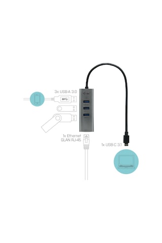 İ-tec Type-c Metal Hub 3 Port + Gigabit Ethernet Adaptör