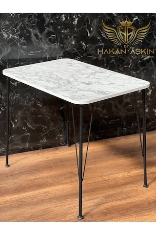 By Hakan Aşkın Siyah Metal Ayaklı 60x90 Cm Tek Masa Parlak White Marble 2023 Mutfak - Balkon - Çalışma Masası Parlak Beyaz Mermer Desen