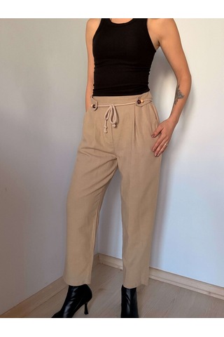 Ali Butik Vizon Boncuk Bağlama Detaylı Keten Pantolon Krem