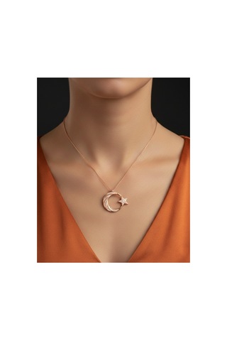 Gümüş Ay Yıldız Hilal Rose Gold Renk Kolye 925 Ayar Gümüş