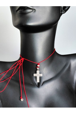 925 Ayar Gümüş Zirkon Taşlı Kırmızı İp Haç Tasarım Choker Kadın Kolye