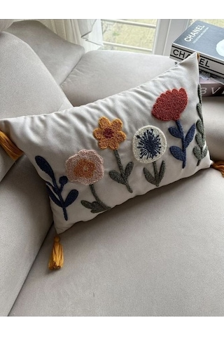 Tekli Punch İşlemeli Çiçekli Flowers Pançlı Nakışlı Dekoratif Kırlent Kılıfı 35x50 Kırmızı Bej