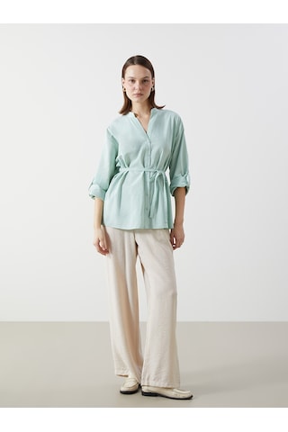 Lcw Comfort Yeşil Kaçık Yaka Oversize Poplin Kadın Bluz