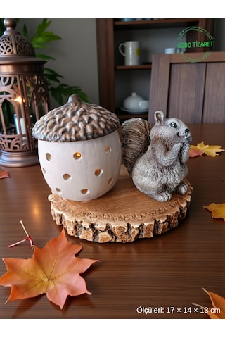 Rustik Sincap Figürlü Meşe Palamudu Mumluk Tealight Led Mum Hediyeli 17 14 13 Cm 17 14 13 Cm