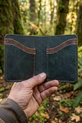 Huggy Craft Hakiki Deri Mini Petrol Yeşili Cüzdan Minimalist Katlanır Tasarım El Yapımı Kartlık Antrasit - Yeşil