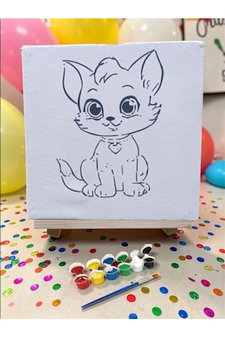 Çocuklar İçin Tuval Boyama Seti Sevimli Kedi 19x19 Cm Tuval, Şövale, Fırça Ve 6 Renk Akrilik Boya Seti
