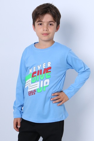 Hçm Erkek Çocuk Uzun Kollu Tshirt Never Give Up Baskılı Bisiklet Yaka D10 Mavi