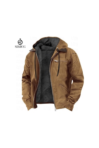 Düz Renk Kapüşonlu Pamuklu Gündelik Erkek Fermuarlı Cepli Ceket Kahverengi