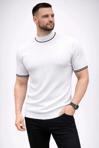 Freedom Storee Erkek Fitilli Triko Dokuma Kısa Kol Tişört Yarım Boğaz Modern Yazlık T-shirt - Beyaz Çok Renkli