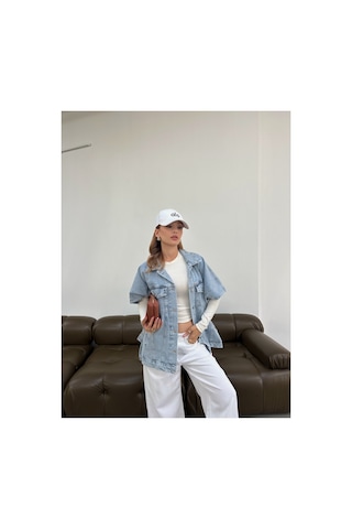 Kene Jeans Kadın Buz Kar Panço Oversize Kot Yelek Mavi