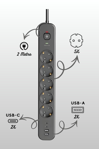 2 Mt Uzatma Kablosu Çoklu Priz Yüksek Gerilim Korumalı 5'li Priz 2x Usb 2x Type-c Çıkışlı Priz 2 M