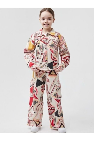 Kız Çocuk Etnik Desenli Tasarım Kot Ceket-13812 Kırmızı