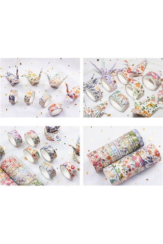 Vkemall 18 Rulo Çiçek Desenli Washi Bant Seti - Altın Varaklı Dekoratif Yapışkanlı Kağıt Bant Dıy, Hediye Paketleme, Planlayıcılar İçin