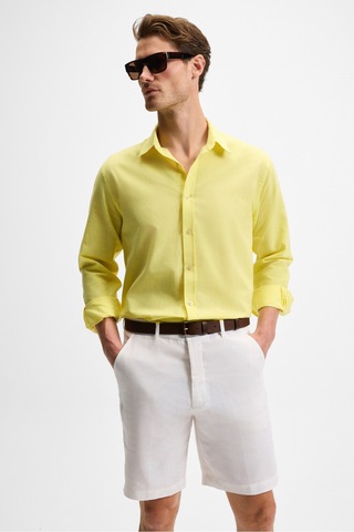 Lasse Erkek Gömlek Yaka Manşetli Uzun Kollu Regular Fit Keten Karışımlı Sarı Gömlek