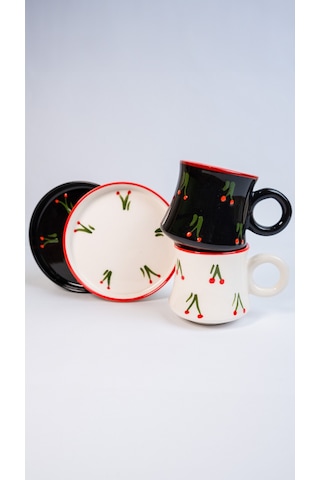 2 Li Takım Siyah Beyaz Kiraz Desenli El Yapımı Kazan Seramik Kahve Fincanı, Kahve Fincanı Beyaz