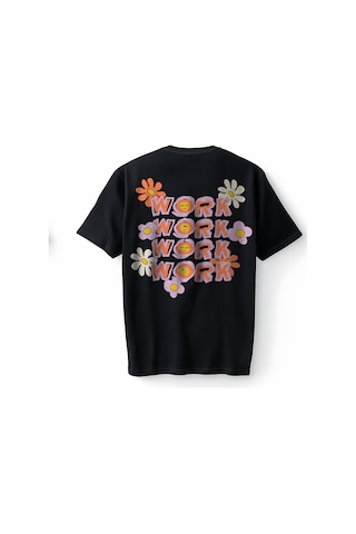 Bumeta Flowers Work Work Work Çiçek Baskılı Oversize Unisex Tişört T-shirt Siyah