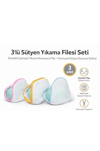 3 Lü Renkli Fermuarlı Çamaşır Yıkama Filesi I 3 Lü Fermuarlı Sütyen, İç Çamaşır Yıkama Filesi Beyaz