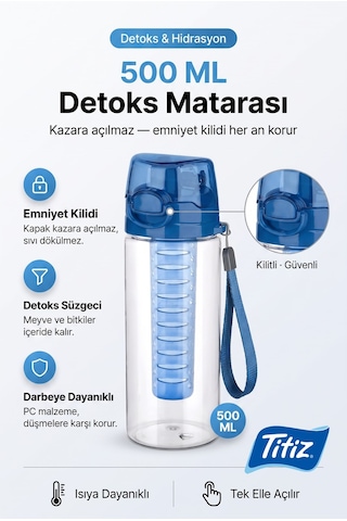 Detox Matara Kilitli Kapak Suluk Polikarbon 500 Ml Tuşlu Açılan Mavi