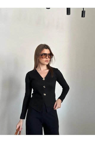Kadın Siyah Düğmeli Fitilli İkili Takım