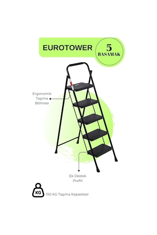 Eurotower 5 Basamak Özel Tasarım Geniş Basamaklı Siyah Merdiven 3+1