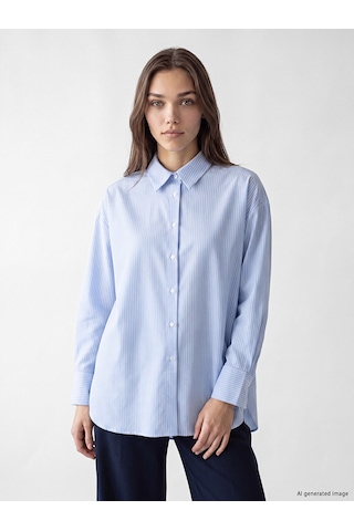 Lcw Modest Mavi Çizgili Oxford Kadın Gömlek