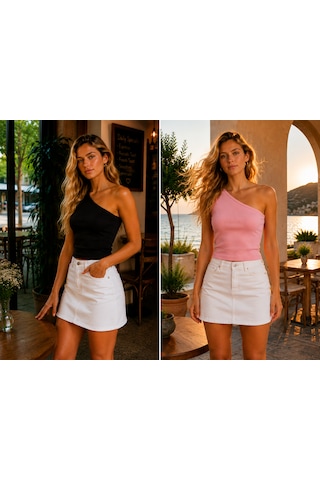 Feyece 2'li Siyah Pudra Tek Omuz Detaylı Kaşkorse Bluz Crop Pudra Pembe